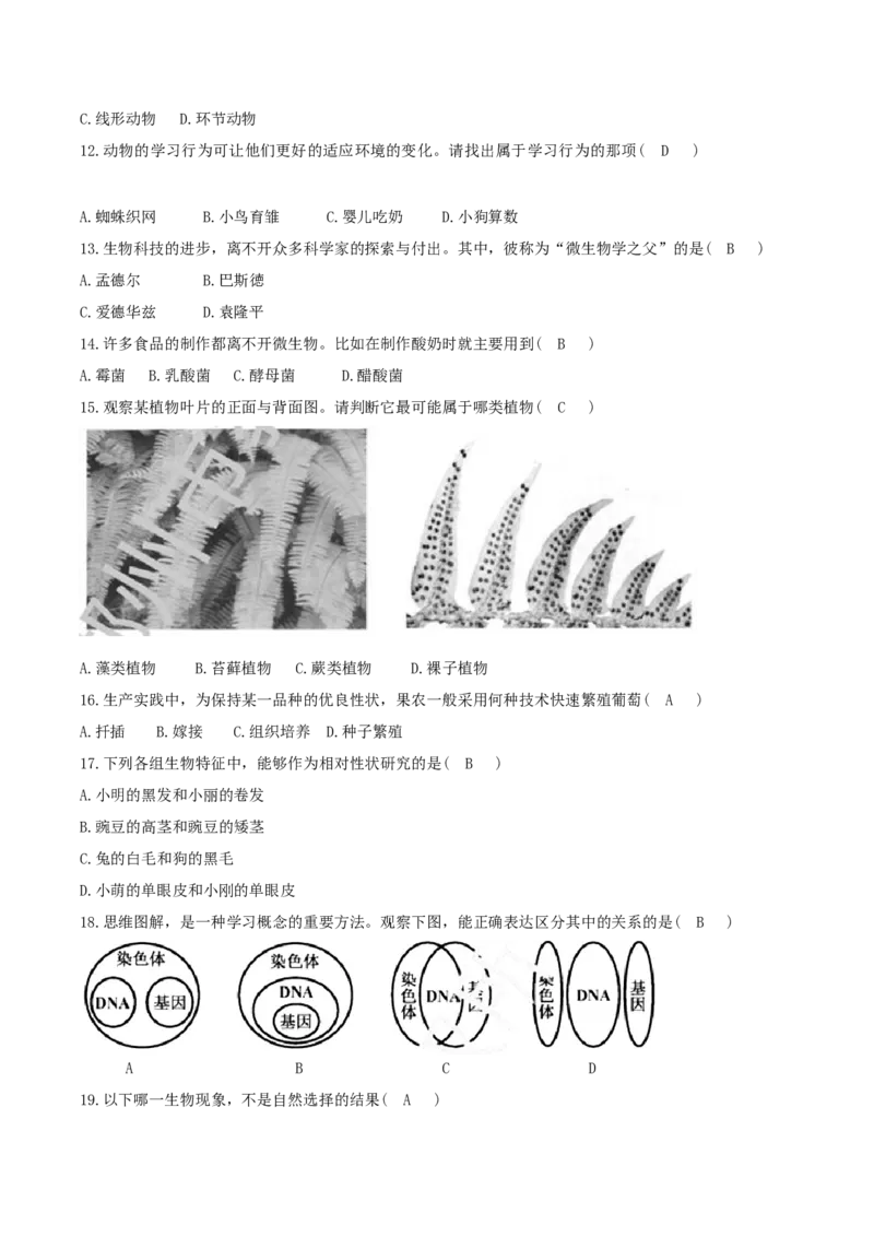 2018年湖南省郴州市中考生物真题及答案_中考真题_8.生物中考真题2015-2024年_地区卷_湖南省_郴州生物17-22缺21