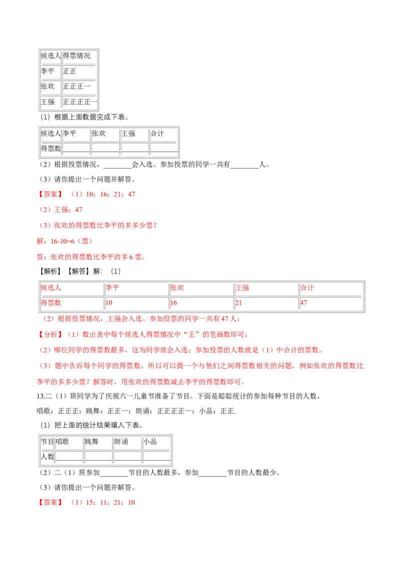 精品第八单元《调查与记录》期末备考讲义&mdash;二年级下册数学单元闯关（知识点精讲＋优选题训练）（解析版）北师大版_二年级上下册资料_小学二年级学习资料-25年更新版_北师大版