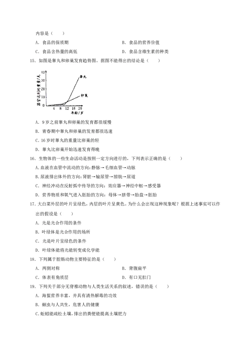 2019年威海市中考生物试题及答案_中考真题_8.生物中考真题2015-2024年_地区卷_山东省_山东威海生物12-20