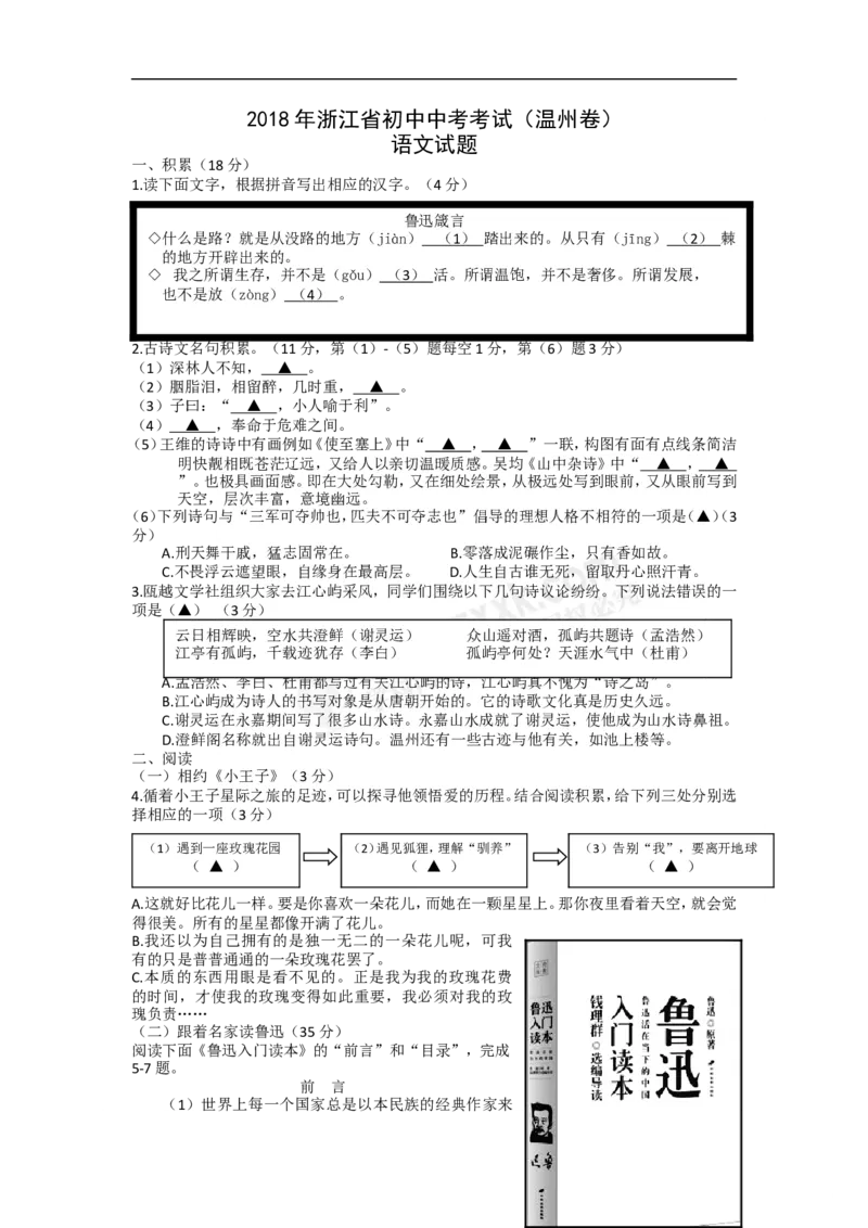 2018年浙江省温州市中考语文试题（word版，含答案）_中考真题_1.语文中考真题2015-2024年_地区卷_浙江省_浙江温州语文10-22