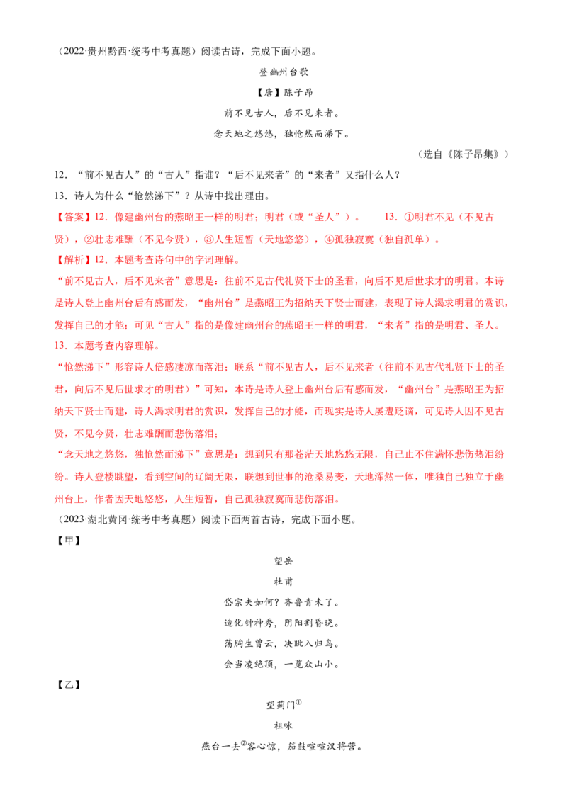 第10讲七下课标古诗词复习（练习）（全国通用）（解析版）_120中考语文全套复习_中考语文复习总复习_一轮复习资料_完2024年中考语文一轮复习课件+讲义+练习（全国通用）