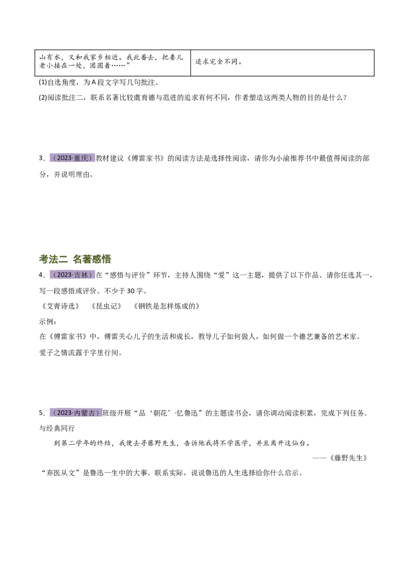 专题32阅读方法、启示及名著推荐词（三大知识点）（讲练）-（全国通用）（原卷版）_120中考语文全套复习_中考语文复习总复习_二轮复习资料_模块六名著导读