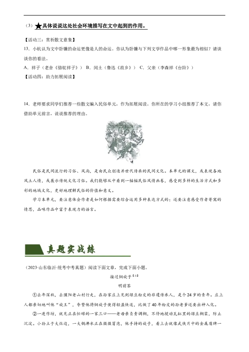 第23讲环境描写及作用（练习）（全国通用）（原卷版）_120中考语文全套复习_中考语文复习总复习_一轮复习资料_完2024年中考语文一轮复习课件+讲义+练习（全国通用）