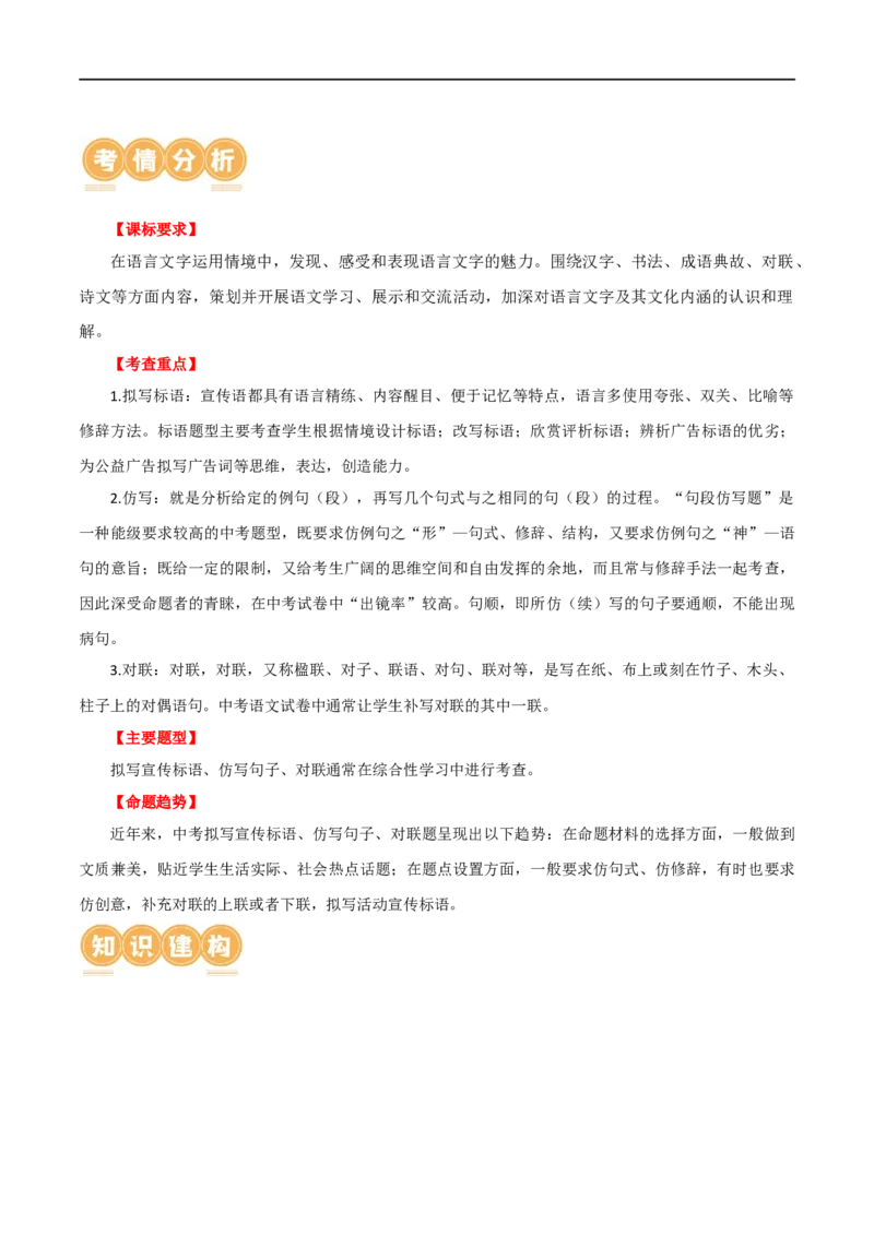 第07讲拟写、仿写与对联（讲义）（全国通用）（解析版）_120中考语文全套复习_中考语文复习总复习_一轮复习资料_完2024年中考语文一轮复习课件+讲义+练习（全国通用）