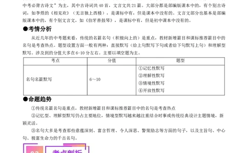 考点8古诗文默写（重难讲义）（原卷版）_120中考语文全套复习_中考语文复习总复习_一轮复习资料_完2024年中考语文一轮复习讲义练习（全国通用）_第一部分：帮基础