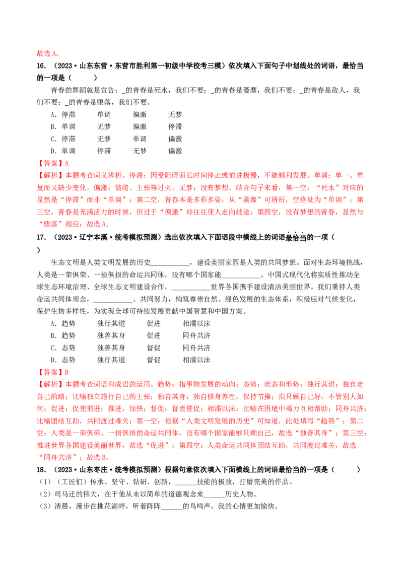 考点2词语的理解与运用（好题冲关）（统编版全国通用）（解析版）_120中考语文全套复习_中考语文复习总复习_一轮复习资料_完2024年中考语文一轮复习讲义练习（全国通用）