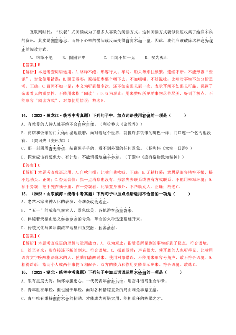 考点2词语的理解与运用（好题冲关）（统编版全国通用）（解析版）_120中考语文全套复习_中考语文复习总复习_一轮复习资料_完2024年中考语文一轮复习讲义练习（全国通用）