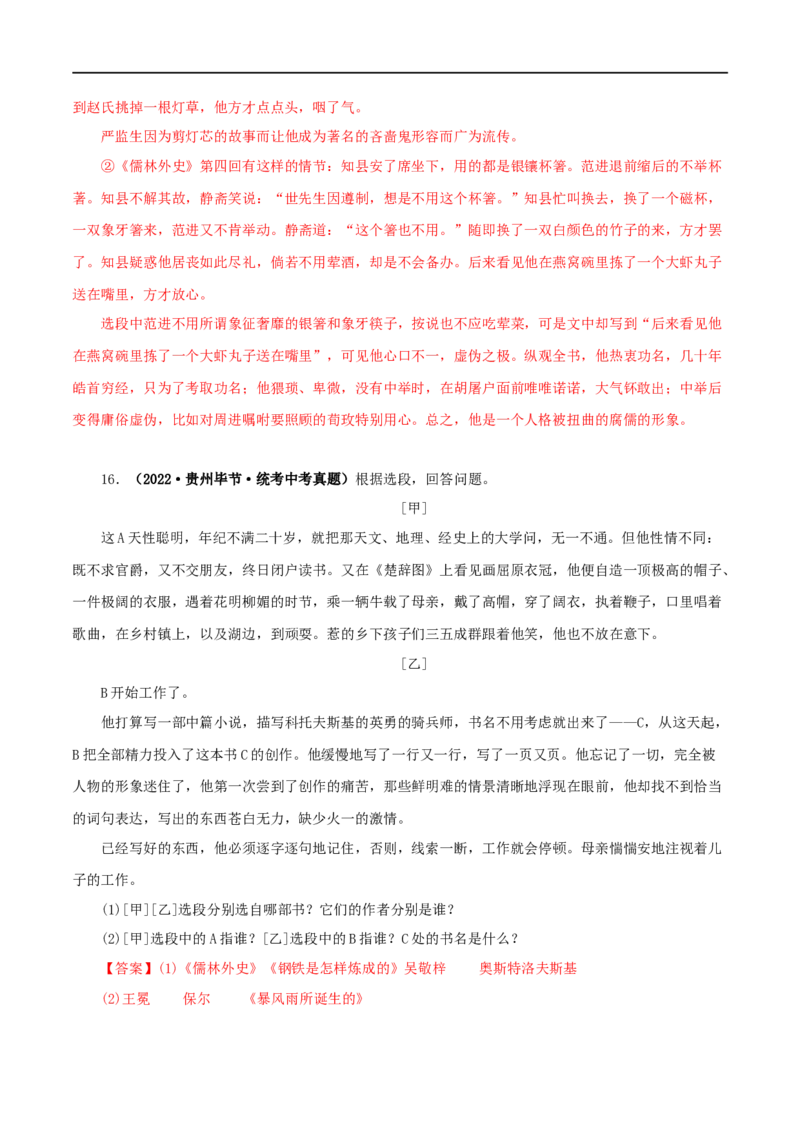 专题11《儒林外史》真题精练（综合题）（解析版）_120中考语文全套复习_中考语文复习总复习_专项复习资料_完2024年中考语文名著阅读知识知识梳理+真题练习_答案解析版