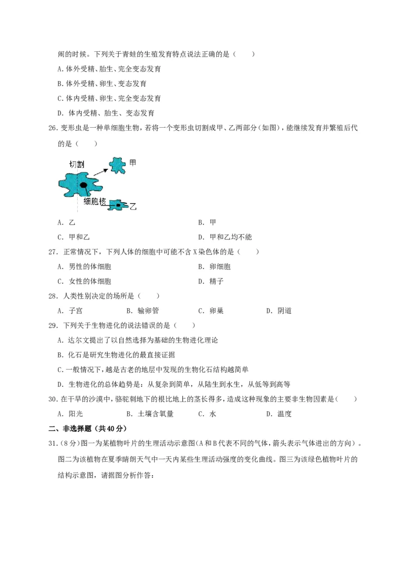 2019年四川省广安市中考生物试题（WORD版，含解析）_中考真题_8.生物中考真题2015-2024年_2019年全国中考生物92份