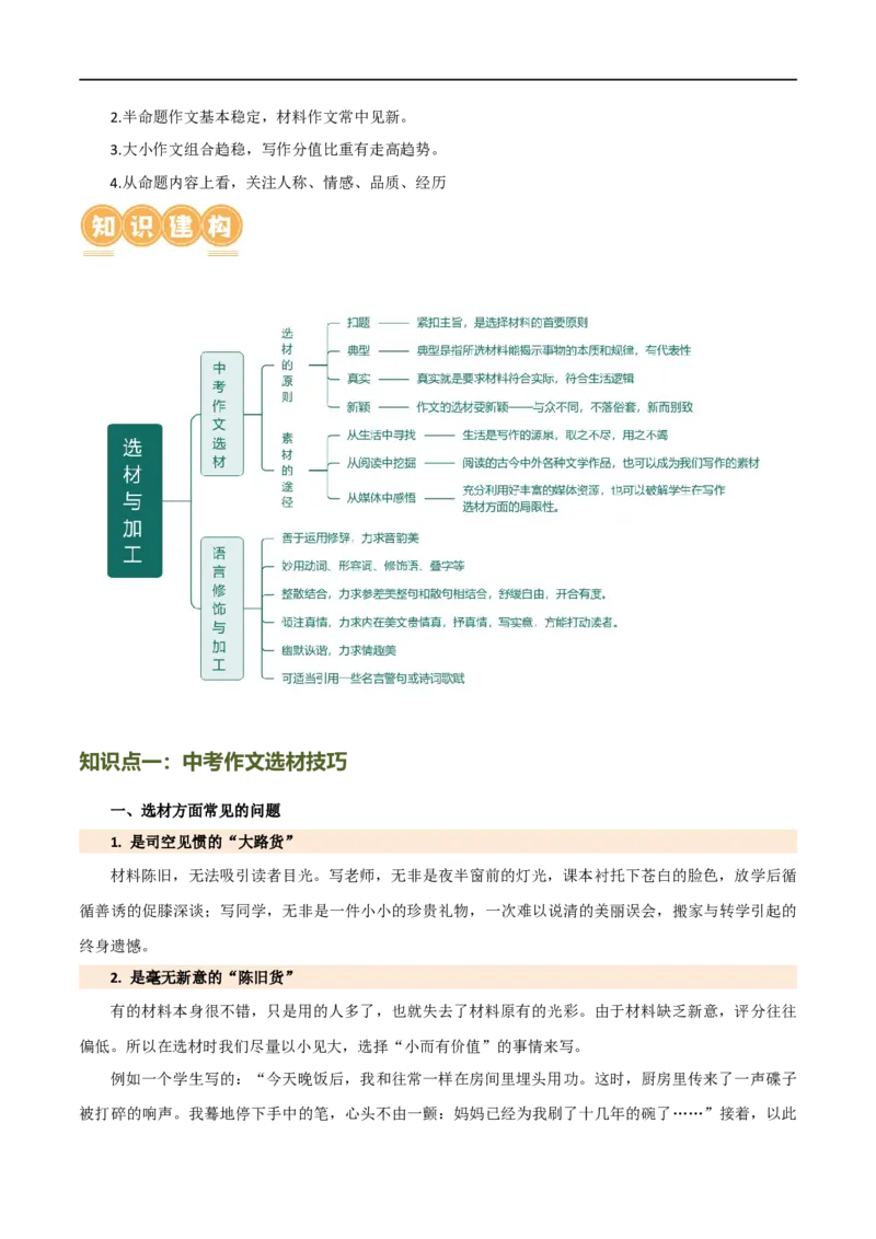 第42讲选材与加工（讲义）（全国通用）（原卷版）_120中考语文全套复习_中考语文复习总复习_一轮复习资料_完2024年中考语文一轮复习课件+讲义+练习（全国通用）