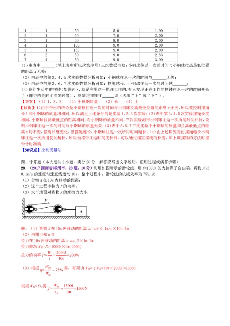 2017年湖南省郴州市中考物理真题及答案_中考真题_4.物理中考真题2015-2024年_地区卷_湖南省_郴州物理17-22