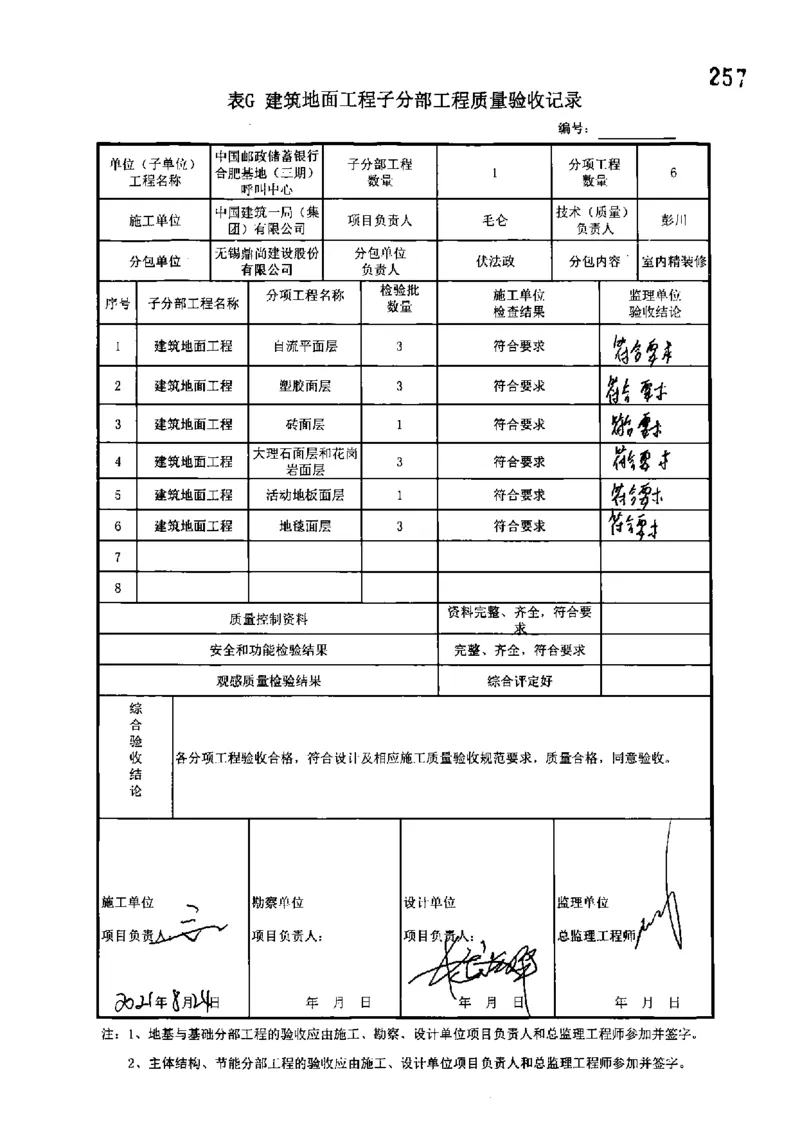 呼叫中心-分部子分部验收记录_2021-2023年优秀施组方案_施工组织设计_施组18-中国邮政储蓄银行合肥基地（三期）施工组织设计_3-单位工程、分部工程验收记录
