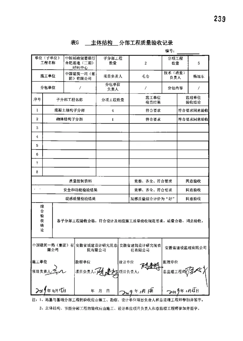 呼叫中心-分部子分部验收记录_2021-2023年优秀施组方案_施工组织设计_施组18-中国邮政储蓄银行合肥基地（三期）施工组织设计_3-单位工程、分部工程验收记录