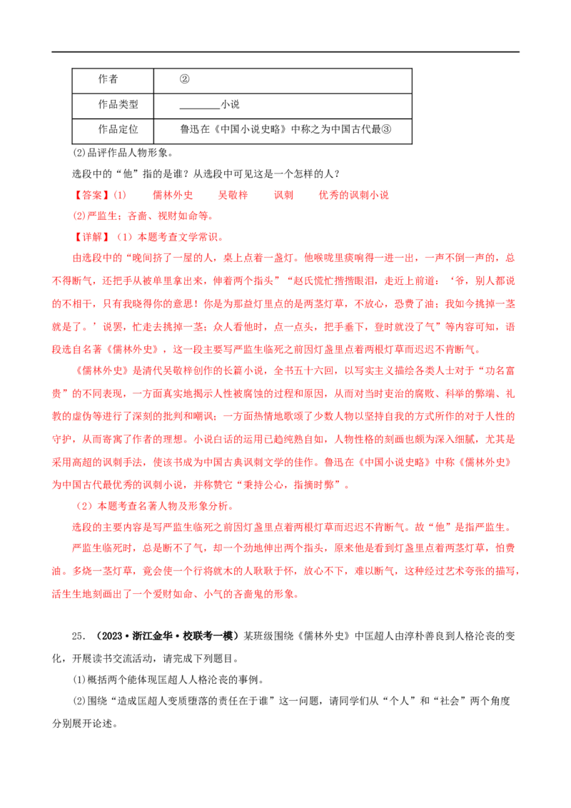 专题11《儒林外史》真题精练（单一题）（解析版）_120中考语文全套复习_中考语文复习总复习_专项复习资料_完2024年中考语文名著阅读知识知识梳理+真题练习_答案解析版