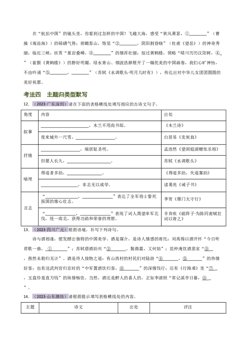 专题07名篇名句默写（讲练）（全国通用）（原卷版）_120中考语文全套复习_中考语文复习总复习_二轮复习资料_完2024年中考语文二轮复习课件+讲义+练习（全国通用）_配套讲练