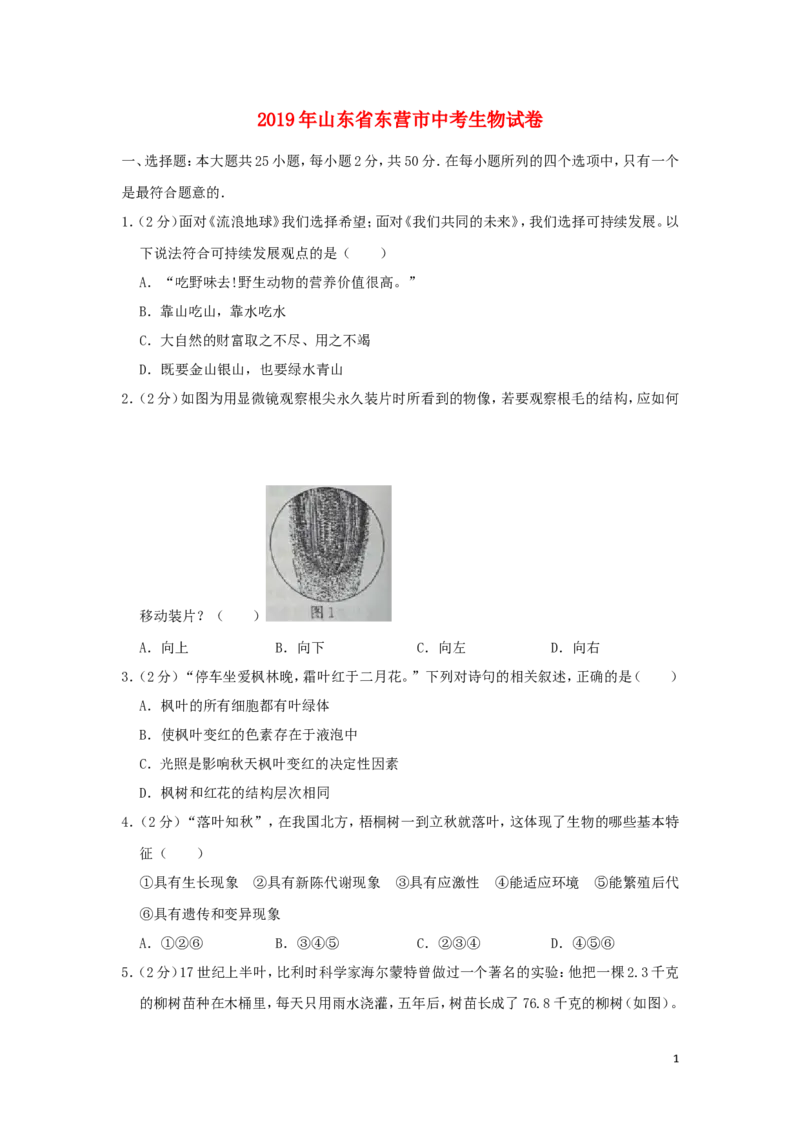 2019年山东省东营市中考生物试题(word版含答案)_中考真题_8.生物中考真题2015-2024年_地区卷_山东省_东营中考生物09-22