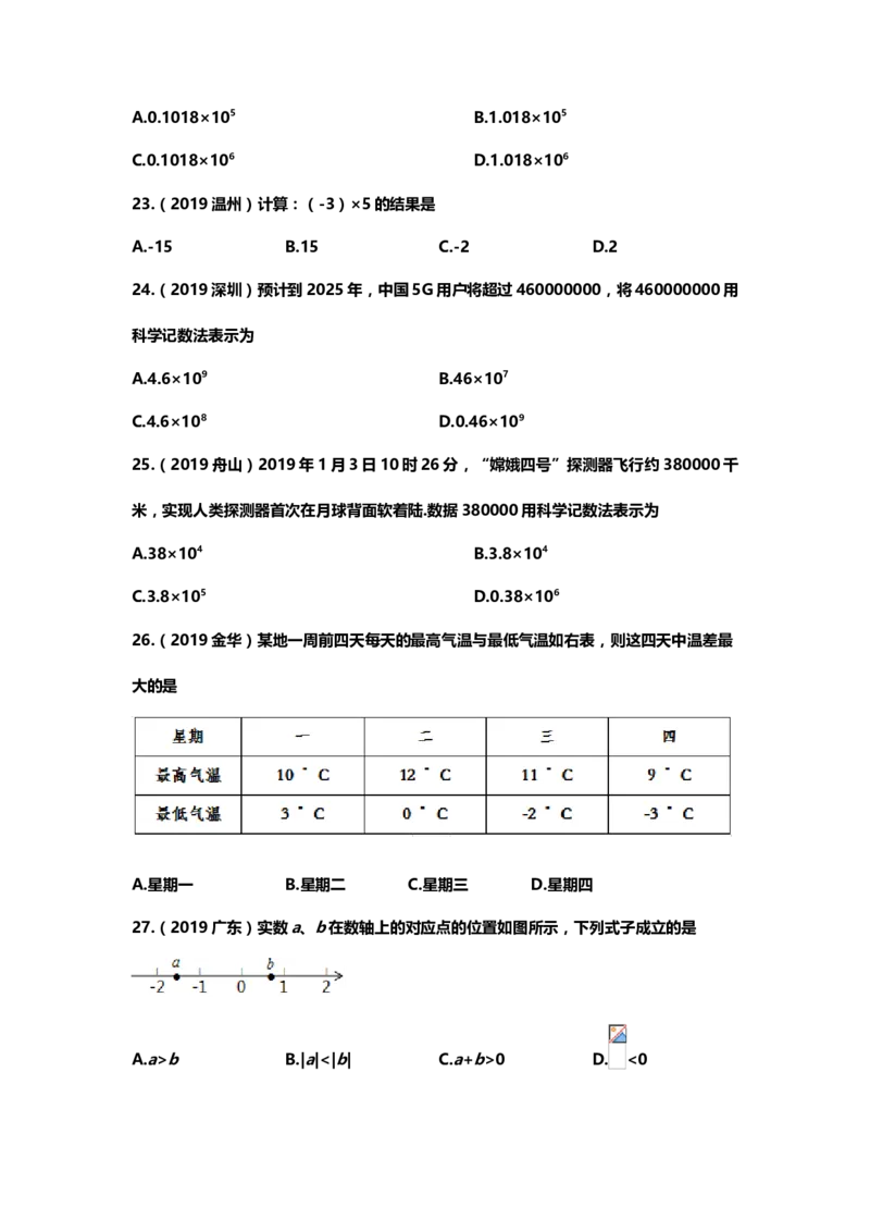 2019年中考数学真题分类训练&mdash;&mdash;专题一：数与式_中考真题_2.数学中考真题2015-2024年_2019年全国中考数学206份_2019年中考数学真题分类训练