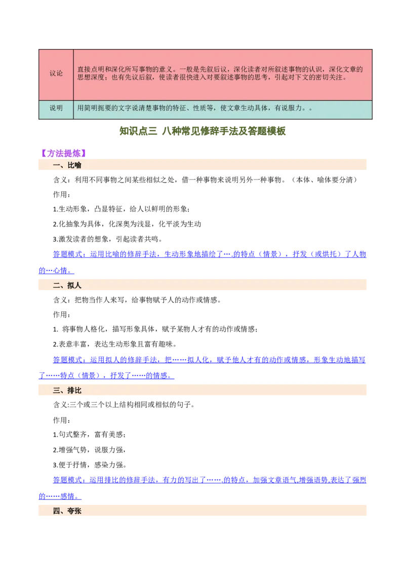 专题21分析写作手法（讲练）（全国通用）（原卷版）_120中考语文全套复习_中考语文复习总复习_二轮复习资料_完2024年中考语文二轮复习课件+讲义+练习（全国通用）