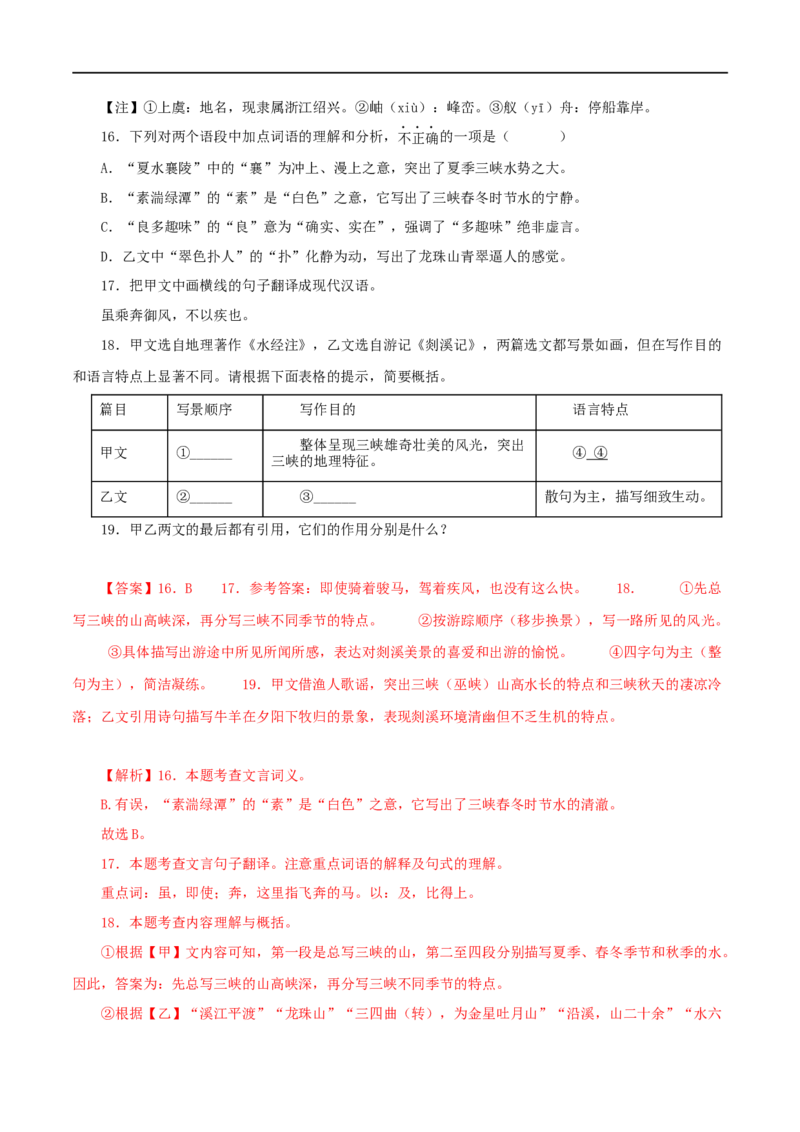 专题13三峡（解析版）（全国通用）_120中考语文全套复习_中考语文复习总复习_专项复习资料_完备战2024年中考语文之文言文讲义练习（全国通用）_答案解析版