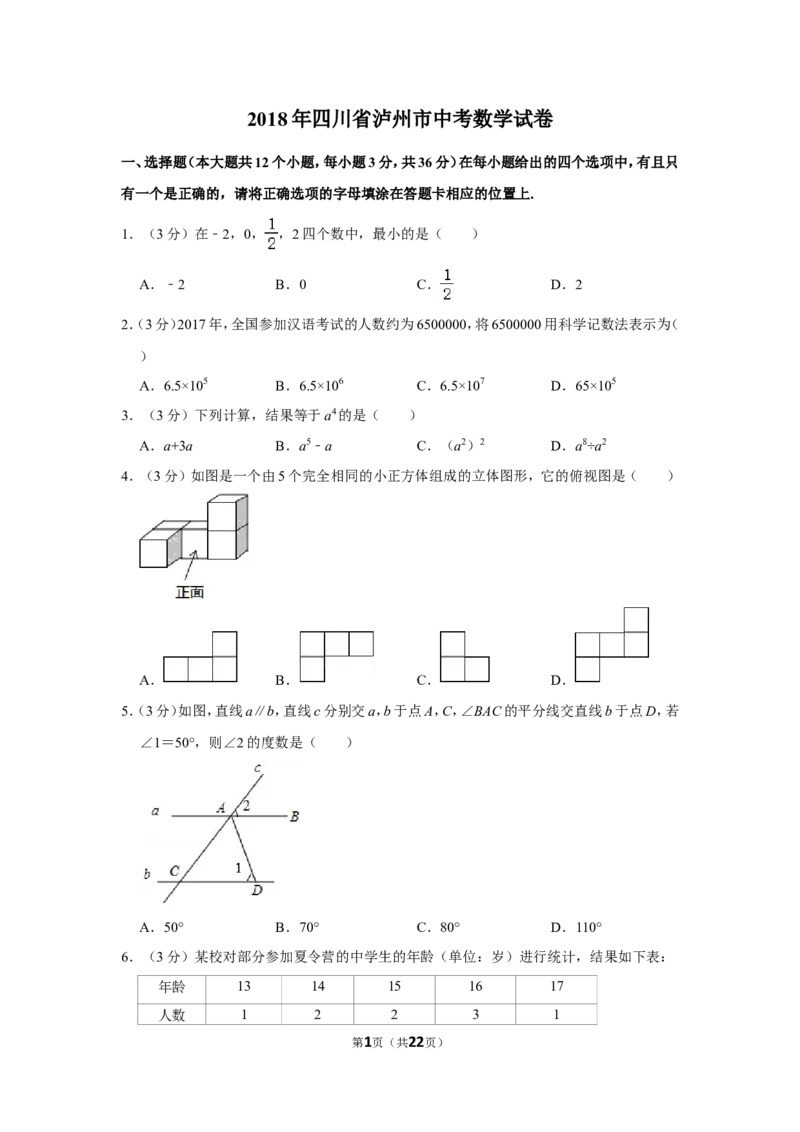 2018年四川省泸州市中考数学试卷_中考真题_2.数学中考真题2015-2024年_地区卷_四川省_四川泸州数学10-22