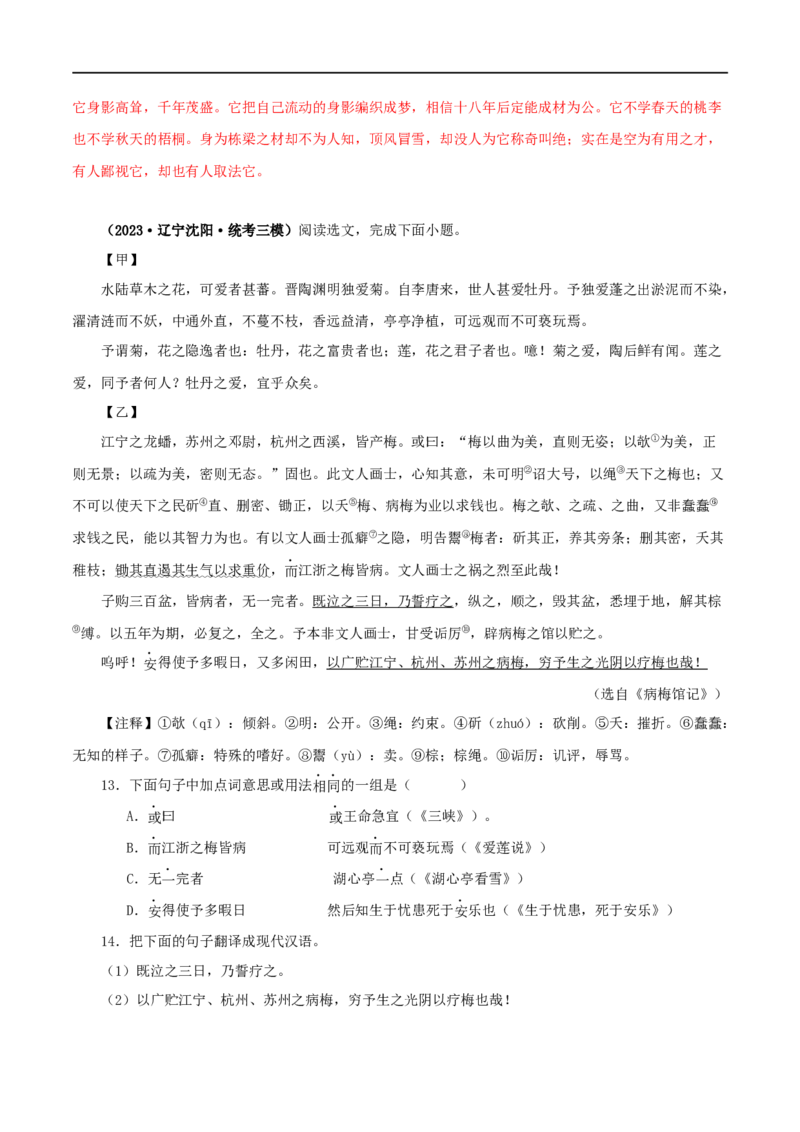 专题09爱莲说（解析版）（全国通用）_120中考语文全套复习_中考语文复习总复习_专项复习资料_完备战2024年中考语文之文言文讲义练习（全国通用）_答案解析版