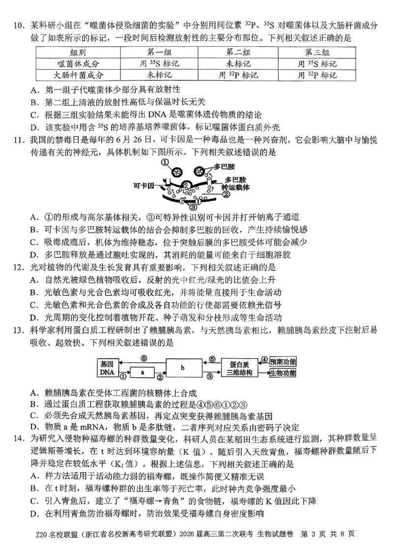 2512浙江省Z20名校联盟高三第二次联考生物试卷_2025年12月_251216Z20名校联盟（浙江省名校新高考研究联盟）2026届高三第二次联考（全科）