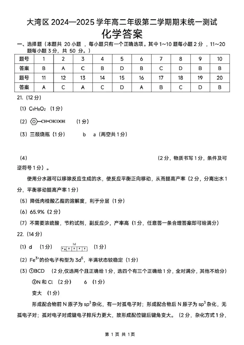 广东省大湾区2024-2025学年高二下学期7月期末联考化学试题大湾区2024-2025学年高二年级第二学期期末统一测试-化学答案_2025年7月_广东省大湾区2024-2025学年高二下学期7月期末联考化学试题