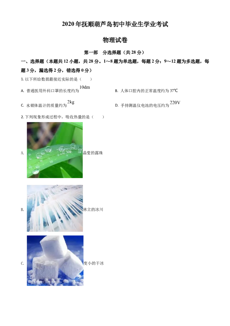 精品解析：2020年辽宁省抚顺、葫芦岛市中考物理试题（原卷版）_中考真题_4.物理中考真题2015-2024年_2020中考物理真题110份