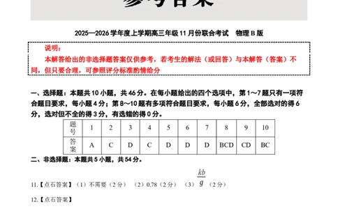 点石联考2025&mdash;2026学年度上学期高三年级11月份联合考试物理(B版)答案_251112辽宁省点石联考2025&mdash;2026学年度上学期高三年级11月份联合考试（全科）