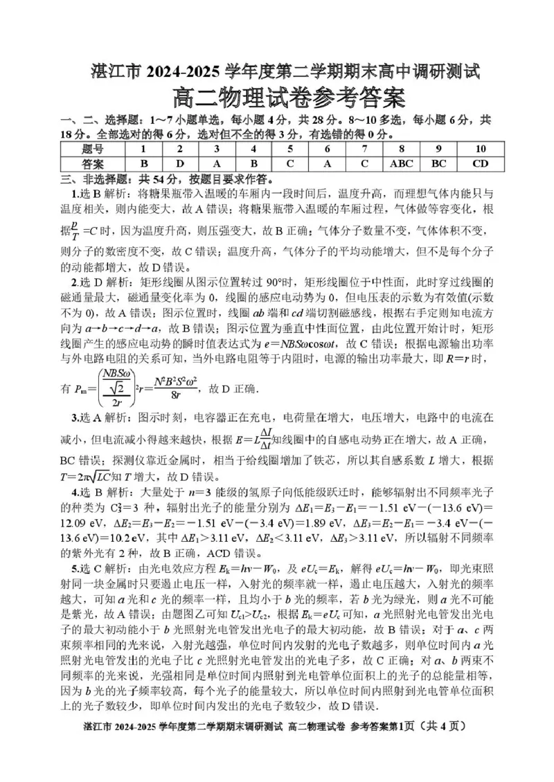 广东省湛江市2024-2025学年高二下学期期末调研测试考试物理试卷（含解析）_2025年7月_250710广东省湛江市2024-2025学年高二下学期期末调研测试考试（全科）