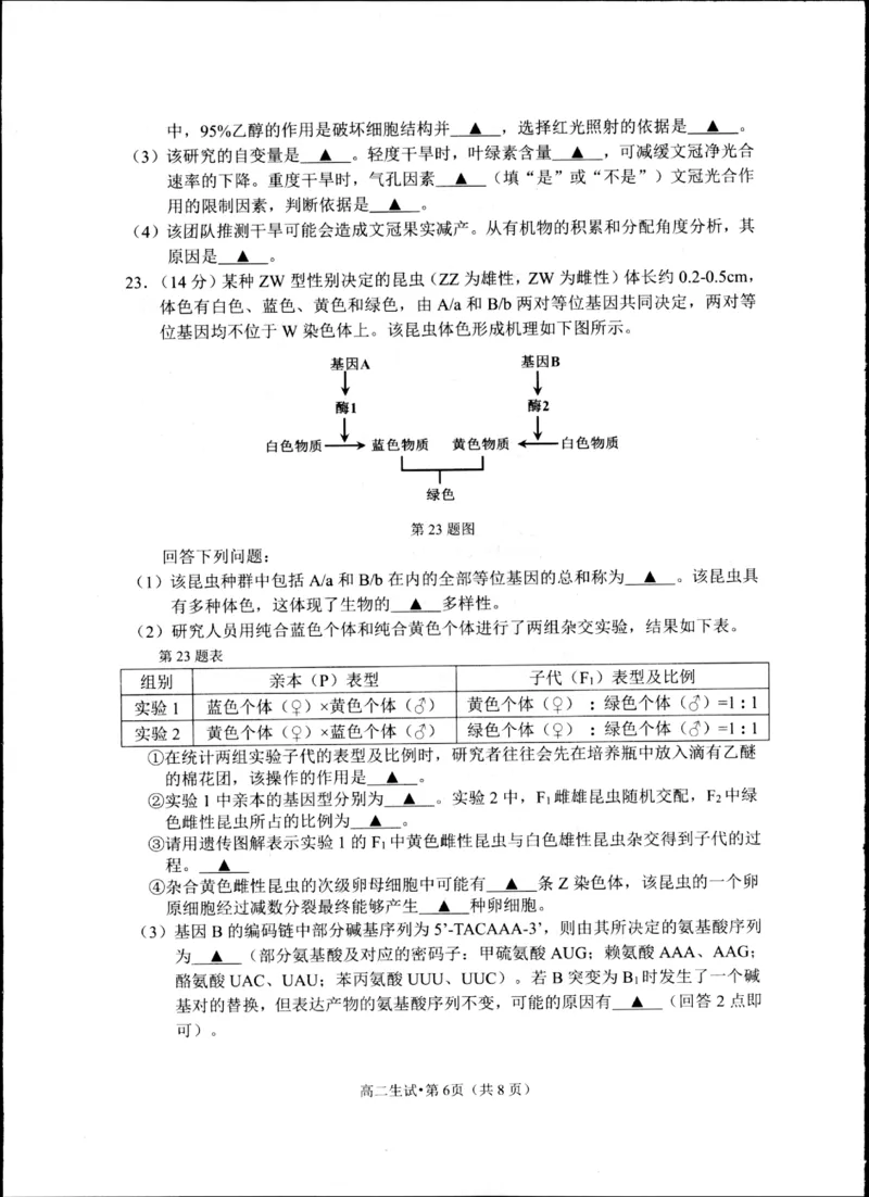 浙江省杭州市2024-2025学年高二下学期6月期末教学质量检测生物试题_2025年6月_250625浙江杭州市2024-2025学年高二下学期6月期末考试教学质量检测（全科）