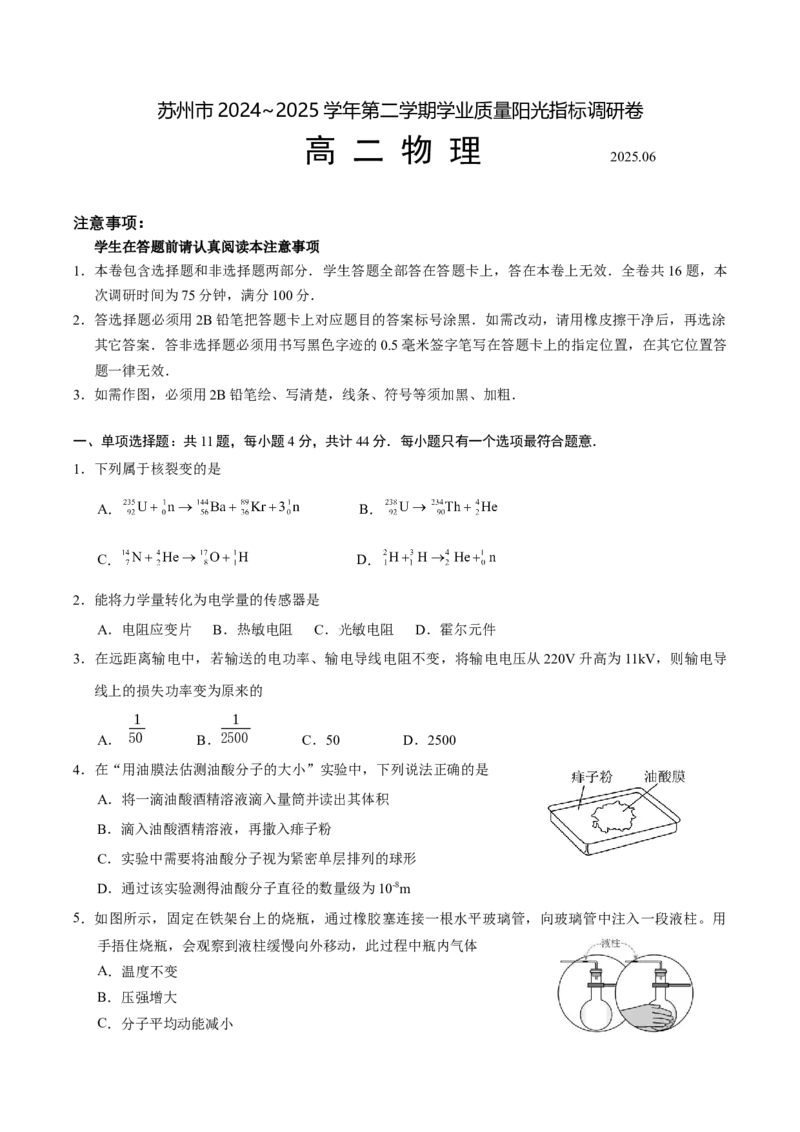 江苏省苏州市2024-2025学年高二下学期学业质量阳光指标调研物理试卷（含答案）_2025年6月_250626江苏省苏州市2024-2025学年高二下学期学业质量阳光指标调研（全科）