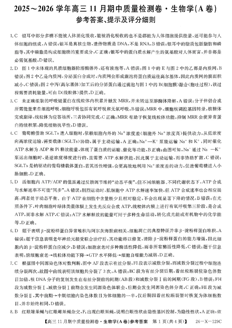 山西三晋卓越联盟（天成大联考）2025-2026高三11月期中质量检测生物试卷（含答案）_251109山西三晋卓越联盟（天成大联考）2025-2026高三11月期中质量检测（26-X-129C）