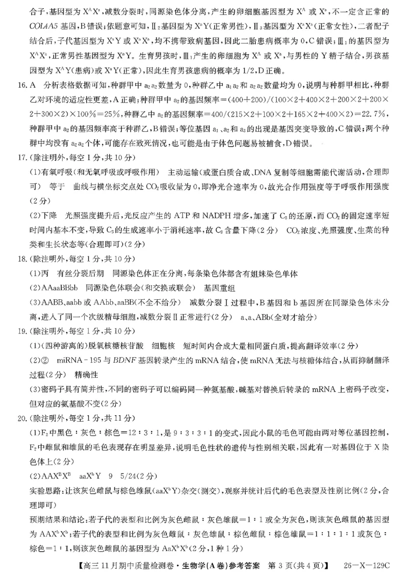 山西三晋卓越联盟（天成大联考）2025-2026高三11月期中质量检测生物试卷（含答案）_251109山西三晋卓越联盟（天成大联考）2025-2026高三11月期中质量检测（26-X-129C）