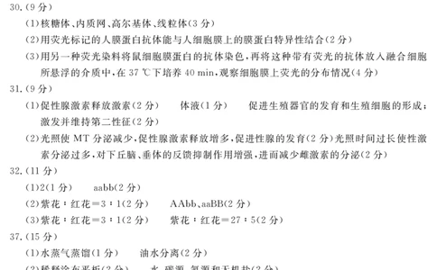 2024届地区一诊生物答案(简)_2024届四川省九市高2021级第一次诊断性考试_四川省九市高2021级第一次诊断性考试理综