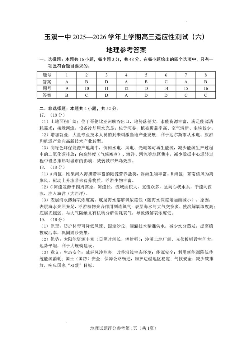 玉溪一中2025&mdash;2026学年上学期高三适应性测试（六）地理答案_251102云南省玉溪一中2025&mdash;2026学年上学期高三适应性测试（六）_玉溪一中2025&mdash;2026学年上学期高三适应性测试（六）地理