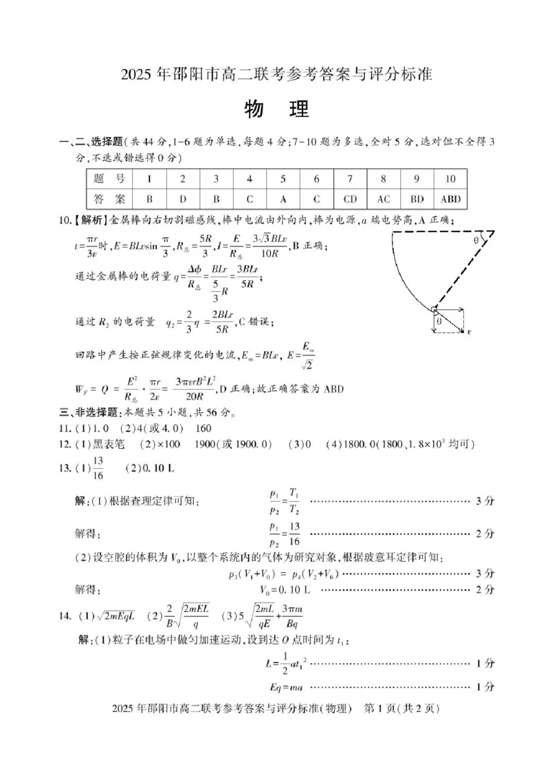 湖南省邵阳市联考2024-2025学年高二下学期7月期末物理试题+答案_2025年7月_250706湖南省邵阳市2024-2025学年高二下学期7月期末考试（全科）