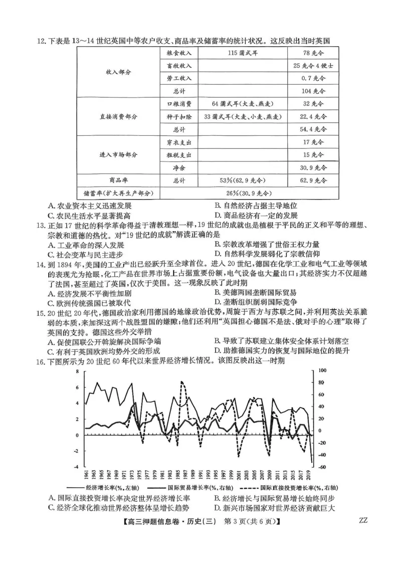 2024-2025学年高三下学期5月押题信息卷（三）历史试卷+答案_2025年6月_250602九师联盟2025届高三押题信息卷（三）（全科）
