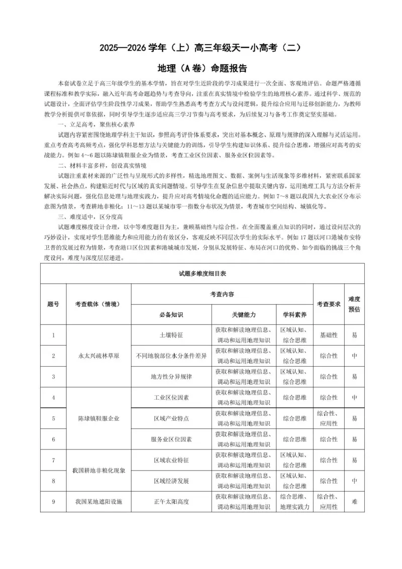2025-2026学年（上）高三年级天一小高考（二）地理试题+答案_251111河南陕西2025-2026学年（上）高三年级天一小高考（二）