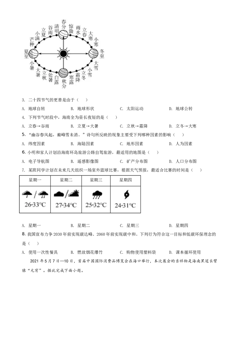 精品解析：2021年海南省中考地理真题（原卷版）_中考真题_9.地理中考真题2015-2024年_地区卷_海南地理16-21无20
