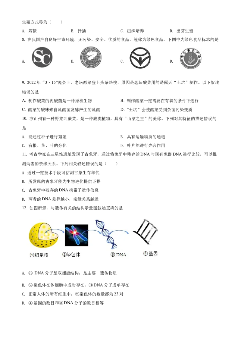 精品解析：2022年四川省凉山州中考生物真题（原卷版）_中考真题_8.生物中考真题2015-2024年_2022年全国中考生物114份14