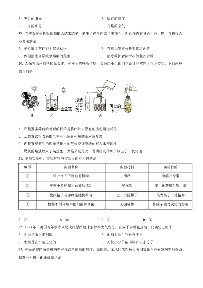 精品解析：2022年四川省凉山州中考生物真题（原卷版）_中考真题_8.生物中考真题2015-2024年_2022年全国中考生物114份14