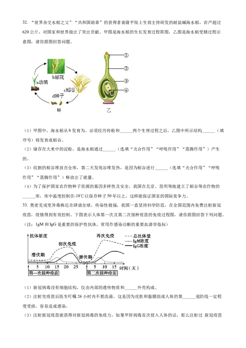 精品解析：2022年四川省凉山州中考生物真题（原卷版）_中考真题_8.生物中考真题2015-2024年_2022年全国中考生物114份14