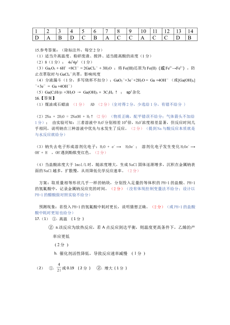 化学答案_2025年6月_250602安徽省马鞍山二中2025届高三年级高考适应性考试（全科）_答案