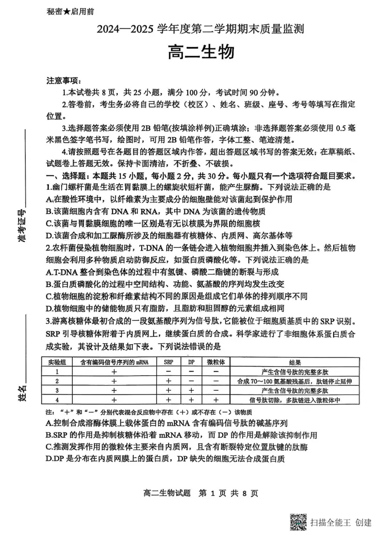 山东省东营市2024-2025学年高二下学期期末质量监测生物试卷（含答案）_2025年7月_250710山东省东营市2024-2025学年高二下学期期末质量监测（全科）