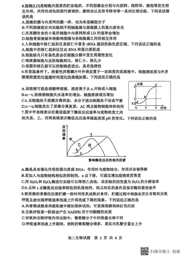 山东省东营市2024-2025学年高二下学期期末质量监测生物试卷（含答案）_2025年7月_250710山东省东营市2024-2025学年高二下学期期末质量监测（全科）