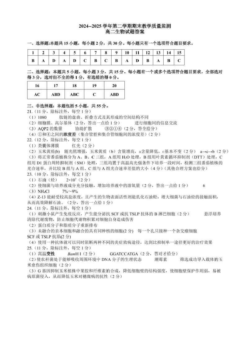 山东省东营市2024-2025学年高二下学期期末质量监测生物试卷（含答案）_2025年7月_250710山东省东营市2024-2025学年高二下学期期末质量监测（全科）