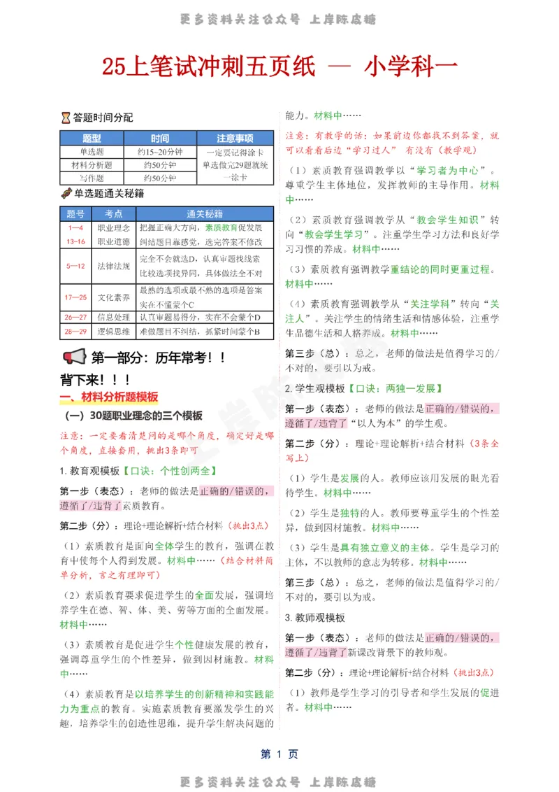 小学科一五页纸_4-教培资料-26年最新资料-同步更新_科一科二电子资料合集中小幼（笔记真题知识点汇总等）文件多，按需保存_各机构笔记合集（中小幼）推荐_03卢姨合集