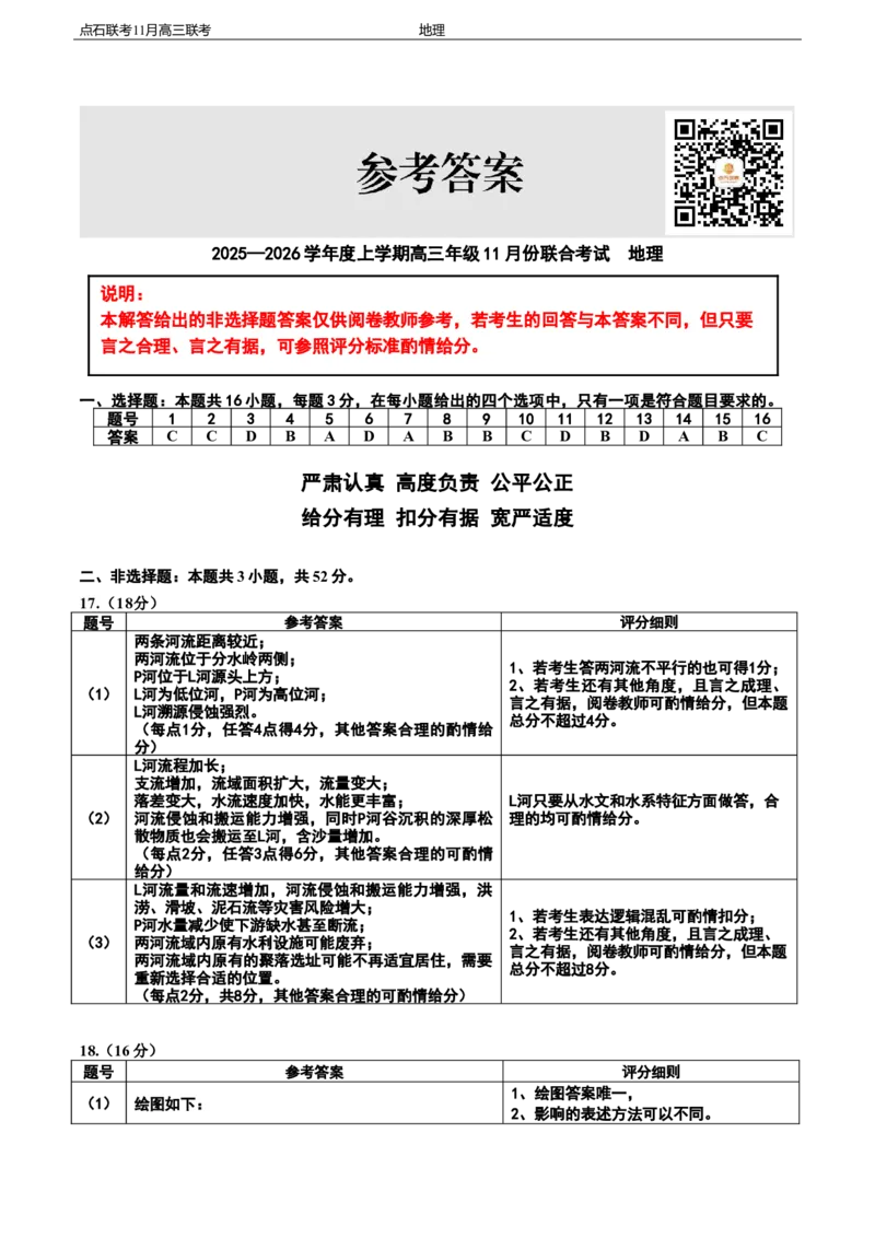 点石联考2025&mdash;2026学年度上学期高三年级11月份联合考试地理答案_251112辽宁省点石联考2025&mdash;2026学年度上学期高三年级11月份联合考试（全科）