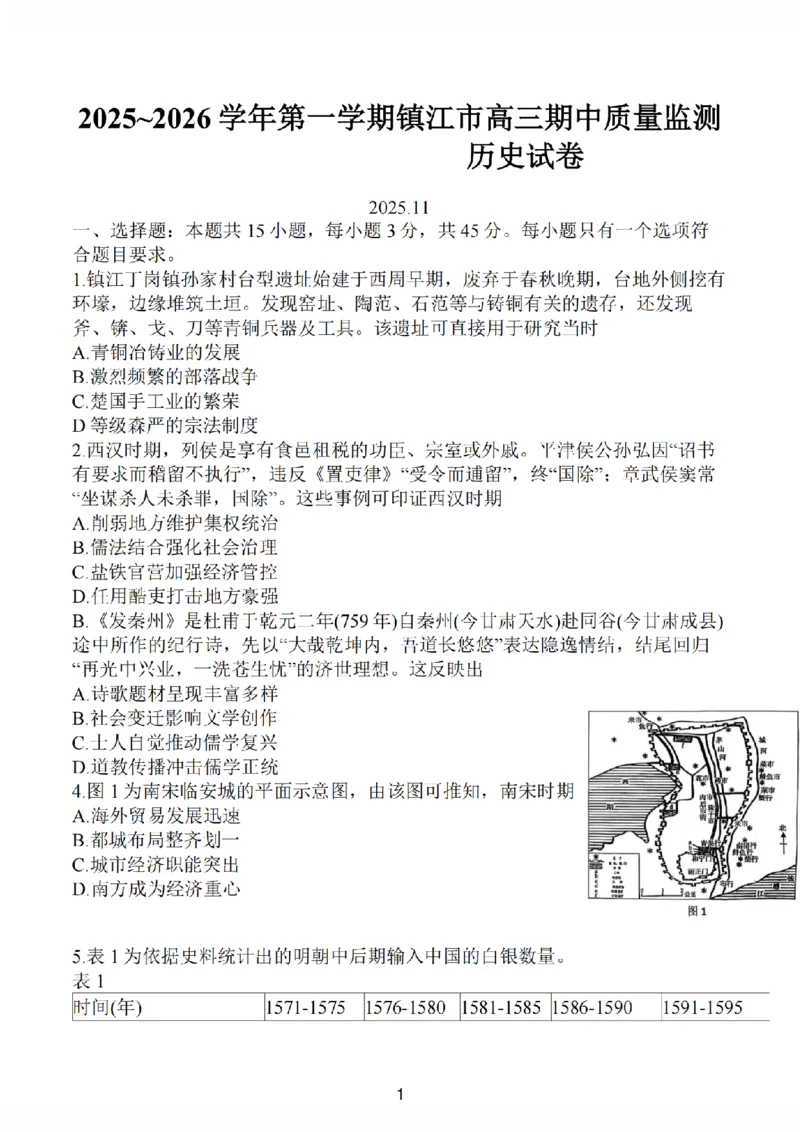 历史卷+标答镇江高三期中2512_2025年12月_251204江苏省镇江市2025-2026学年高三上学期期中质量监测（全科）